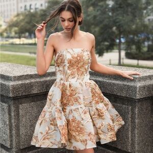 Mac Duggal Strapless Brocade Mini Dress with Pockets